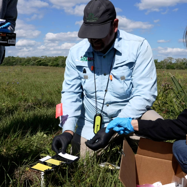 A man uses a tool to check mosquito levels in the sewer through an open manhole. 